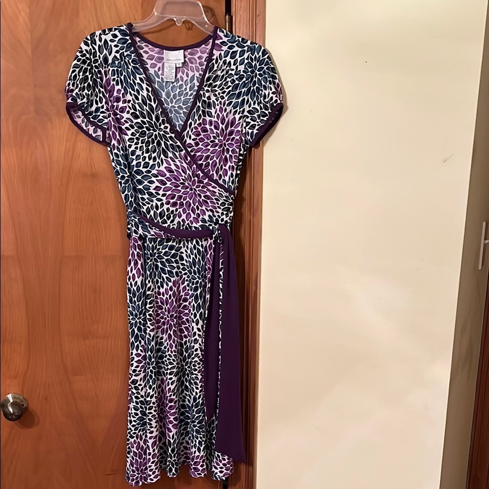 Purple and Blue Puff Sleeve Wrap Midi Dress